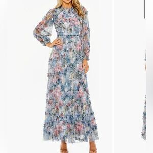 new Mac Duggal Floral Long Sleeve High Neck Ruffle Detail Gown platinum multi